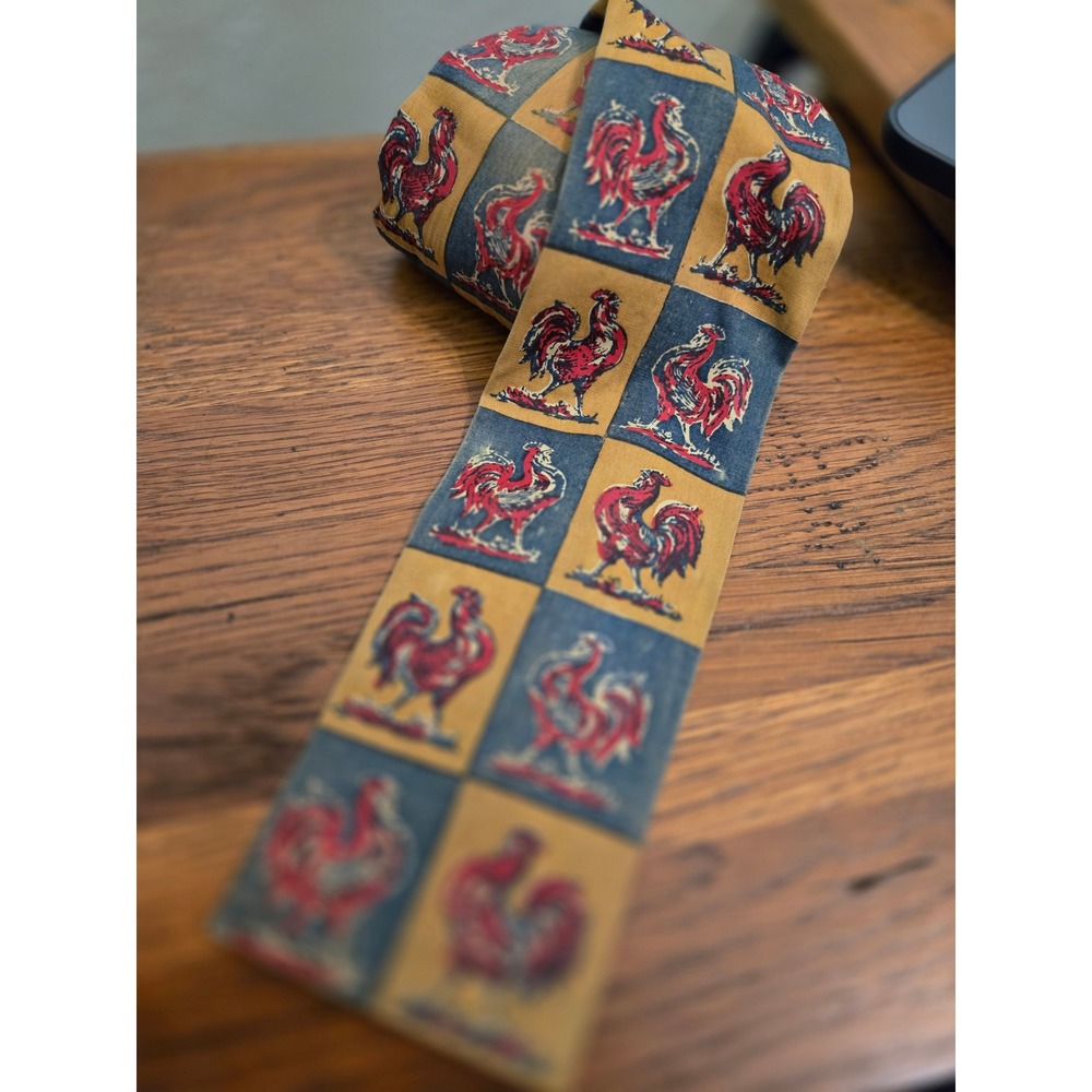Vintage Rooster Hand Printed Tie Blue Yellow Red Checkerboard Square Bottom 3"